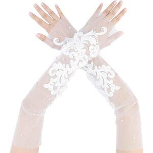 Women's White-19 Floral Pearl Polka Point Bow knot Lace Arm Sleeves Gloves Prom